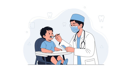 Fototapeta premium Pediatric Dentist examines young child's teeth, emphasizing oral hygiene and healthcare in a modern, clean illustration style.