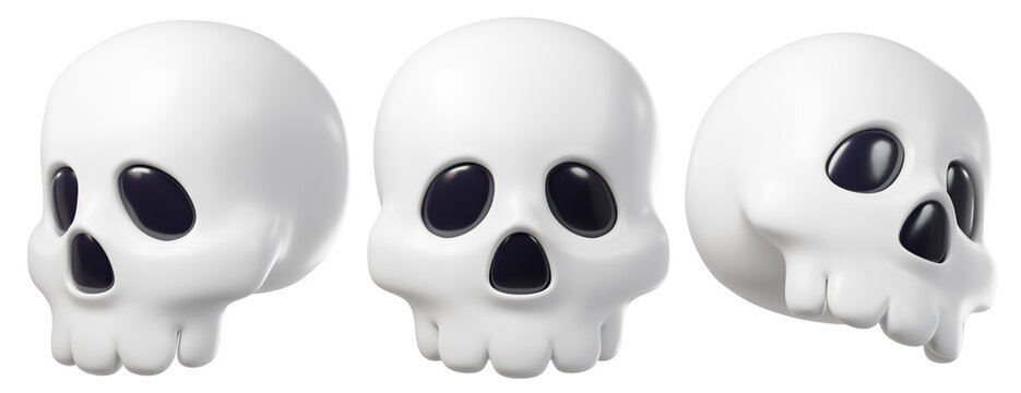Set of Cute 3D cartoon Skull, isolated on background. Character in clay style perfect for Halloween, Day of the Dead, horror themed, party, greeting cards, stickers, social media, game. 3d render