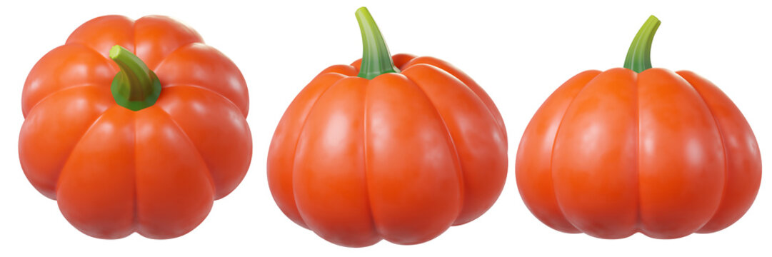 3D red pumpkin in different angles, isolated on background. Clay style design perfect for Halloween, autumn seasonal designs, Thanksgiving, fall banners, greeting cards, stickers, posters. 3d render
