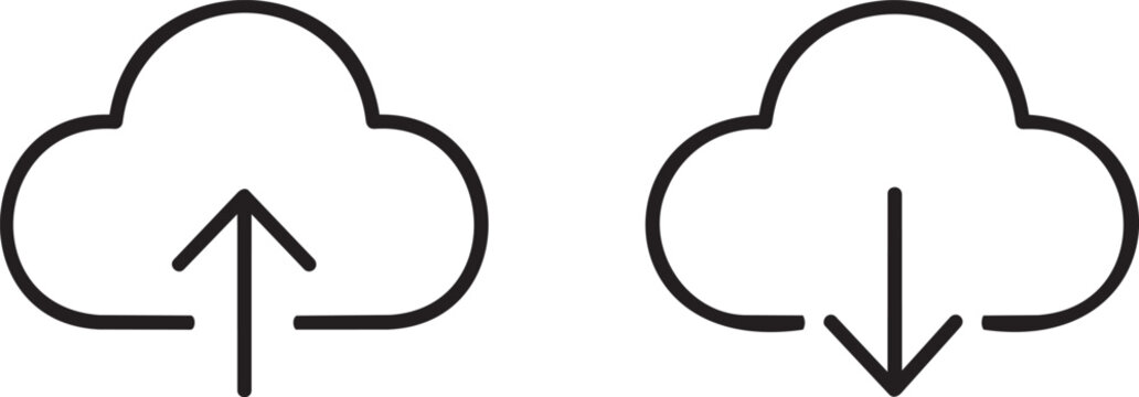 Cloud upload and cloud download icons in minimal black outline vector illustration
