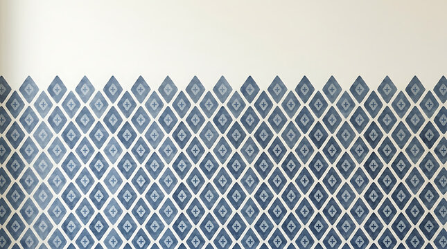 Off white wall with repeating blue diamond geometric pattern