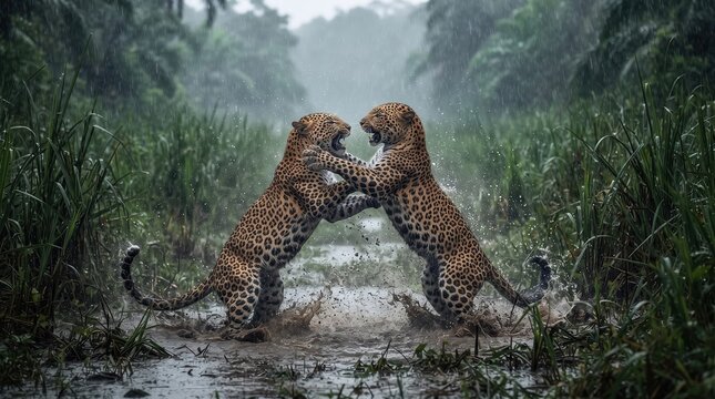 Two Common Leopards engage in an intense territorial battle as heavy rain and splashing water add drama to this remarkable wildlife encounter.