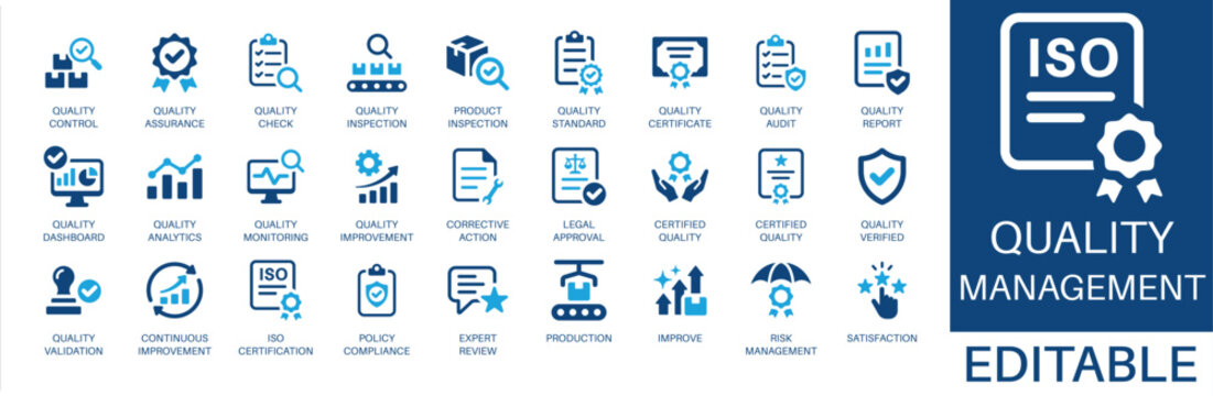 Quality management and standard solid icon set. Featuring risk management, iso certification, product inspection, quality check, and expert review. Editable vector glyphs for factory and compliance.