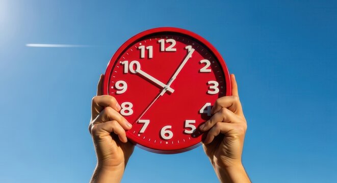 Hands Holding a Large Red Analog Clock Against a Clear Blue Sky Representing Time Management and Deadlines