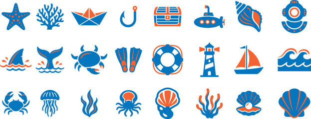 Ocean life and nautical marine icons collection featuring sea creatures and sailing theme items. © MDKOPHIL