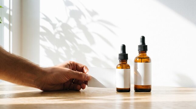 Hand picks amber glass dropper bottle beside another on wooden table, symbolizing natural skincare and essential oil selection