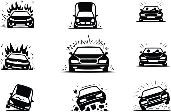 Black and white illustrations of cars in various accident scenes
