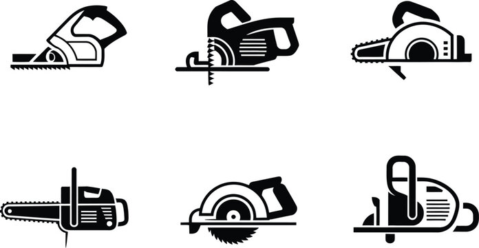 Black and white icons of various power saws for cutting tools  construction equipment