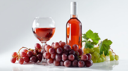 Obraz premium A refreshing glass of rose wine accompanied by fresh red and green grapes on a clean white background.