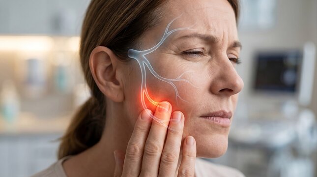 Woman suffering from trigeminal neuralgia with facial nerve anatomy overlay and severe facial pain