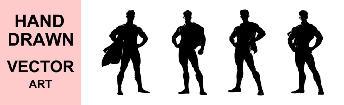 Hand drawn superhero silhouette vector illustration featuring confident standing pose, comic guardian mascot, powerful character, monochrome emblem, heroic branding, editable artwork