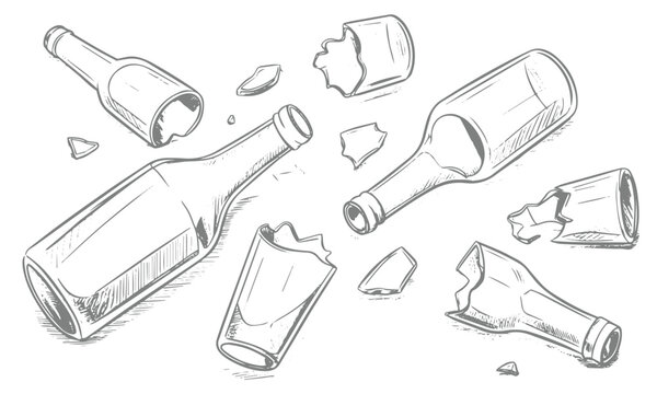 Collection of broken glass bottles and sharp shattered fragments in hand drawn sketch style vector illustration