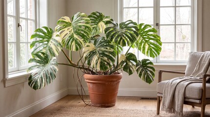 Fototapeta premium Large variegated monstera plant flourishing in terracotta pot by window