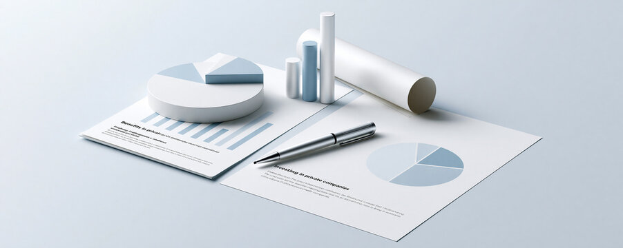 A desk featuring documents and charts that outline the benefits and challenges of investing in private companies, with a minimalist design that includes generous copy space for text or branding.