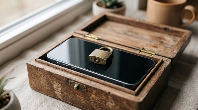 Digital detox and phone security concept with padlock in wooden box