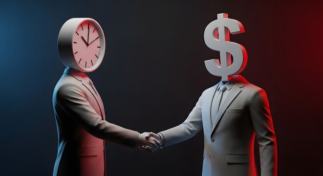 Conceptual art Business handshake between abstract time and money, symbolizing strategic investment, resource allocation, and financial growth