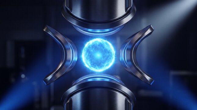 Quantum qubit glowing blue trapped ion in electromagnetic field trap visualization