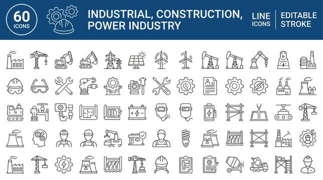 Comprehensive set of sixty industrial construction and power industry line icons featuring editable stroke technical symbols for engineering energy and manufacturing vector design elements.