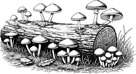 Black and white of mushrooms growing a fallen log with moss and grass fungus wood © Vector_Mint