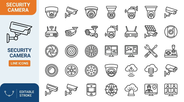 Comprehensive Security Camera Line Icon Set Featuring CCTV Surveillance System Monitoring Equipment and Safety Protection Symbol for Digital Interface Design and Network Privacy Protection
