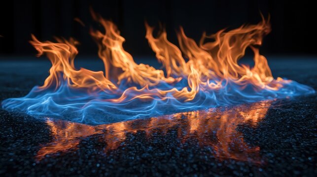 Close-up view of blue and orange flame fire burning on dark wet asphalt surface with reflective water puddle under night light for dramatic effect