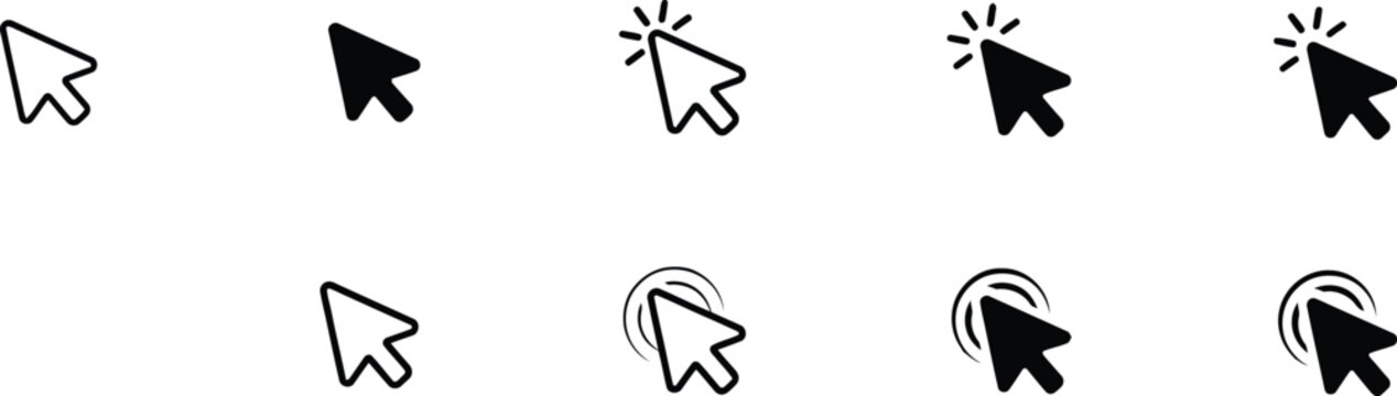 Collection of black computer mouse cursor with click effects pointer