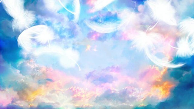 天国へ続くオーロラ色の空と舞い落ちる天使の羽のスピリチュアルな背景画