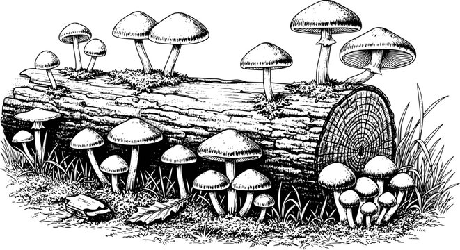 Black and white of mushrooms growing a fallen log with moss and grass fungus wood