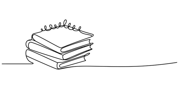 Continuous single line drawing of a stack of books and a spiral notebook for education and reading concept