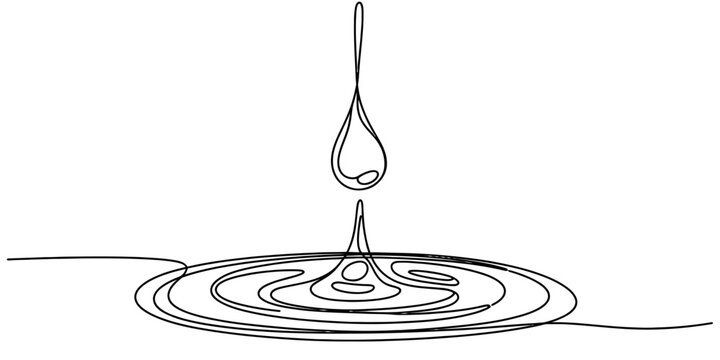 Continuous single line drawing of a water drop falling into a liquid surface creating ripple circles