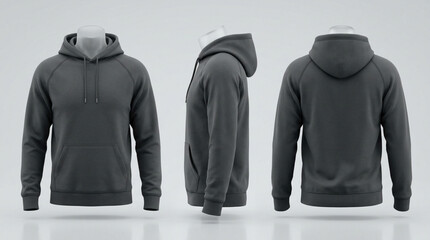 Dark Charcoal Grey Hoodie Mockup Template Front Side Back View, Realistic Apparel Design Presentation Background for Clothing Brands and Streetwear Graphics © IamHydra13