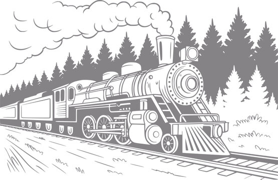 Vintage steam train chugging through a forest landscape, emitting smoke