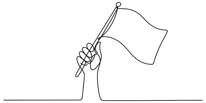 Continuous one line drawing of a human hand holding a small waving flag