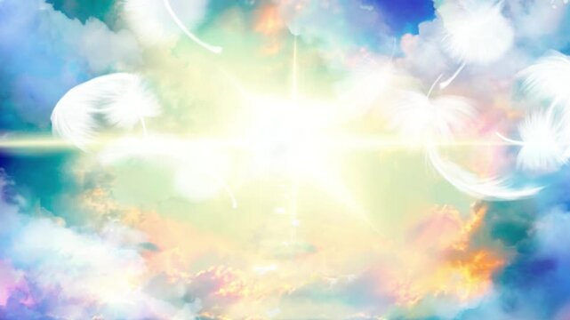 天国へ続く雲の階段とオーロラ色の空と舞い落ちる天使の羽のスピリチュアルな背景画