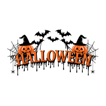魔女の帽子やコウモリの羽をあしらった手書き風ハッピーハロウィンのロゴ文字レトロで可愛いイベント装飾用タイポグラフィ。Happy Halloween hand drawn vintage lettering typography logo with witch hat bat wings and devil tail for spooky festive graphic design.