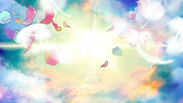 天国へと続く雲の階段と舞い落ちる天使の羽と花びらのスピリチュアルな背景素材