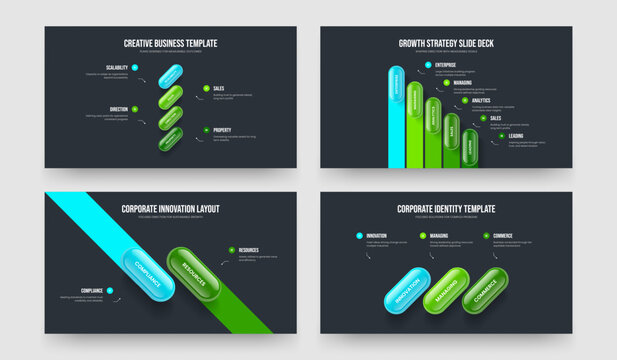 Marketing Showcase Four Five Two Three Option Infographic Slide Template Vector Illustration Set. Sales Report 4 5 2 3 Element Diagram Slideshow Design Bundle.
