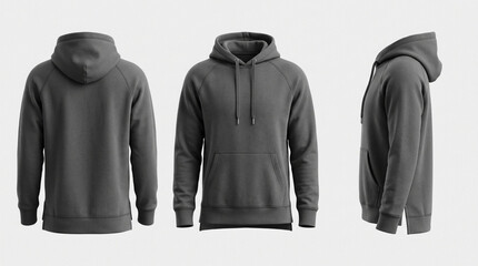 Charcoal gray hoodie mockup with front back and side views for apparel branding, streetwear design template, and website store presentation. © IamHydra13
