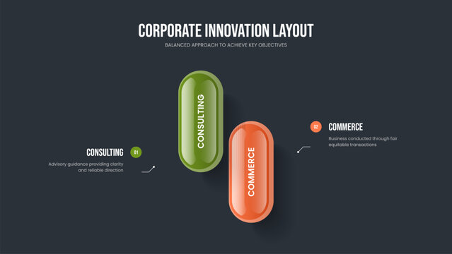 Creative Portfolio 2 Option Diagram Slideshow Design. Visual Solution Frame Layout Vector Illustration. Enterprise Showcase Two Element Infographic Presentation Template.