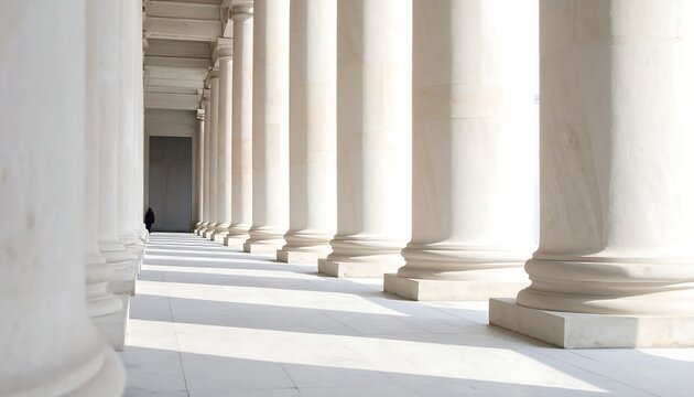 Sunlit White Marble Columns Lining Long Classical Colonnade Corridor
