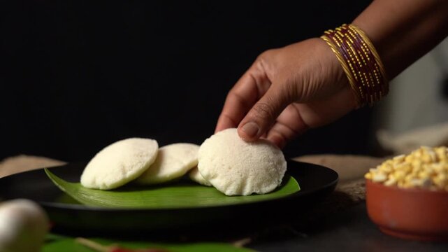 A hand serving fresh steamed idli onto a banana leaf plate