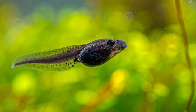 Dark Spotted Tadpole Swimming in Green Pond Water
