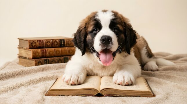 Cute St. Bernard puppy lying down with paws on open vintage book
