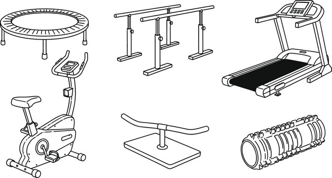 Set of gym and fitness equipment featuring outline vector illustrations in a minimalist style perfect for health and workout app designs and infographics
