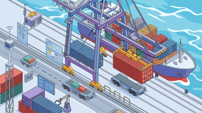 Isometric Industrial Overhead Crane Illustration for Container Terminal Heavy Machinery Efficiently Lifting and Moving Freight Cargo in Modern Smart Sea Port Logistics Infrastructure