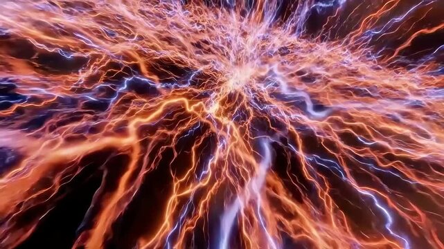 Powerful electric energy discharge with vibrant neon lightning strikes in orange and blue, intense plasma bolts flashing from center create dynamic tension, atmosphere of explosive power shock force