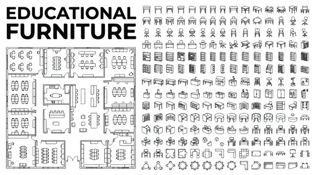 Educational furniture floor plan icons, school classroom interior layout vector set, university desk and chair top view symbols for architectural design
