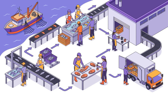 Detailed isometric vector illustration depicting industrial seafood production chain with fishing vessel aquatic harvest processing salmon slicing plant cargo truck logistics and caviar packaging.