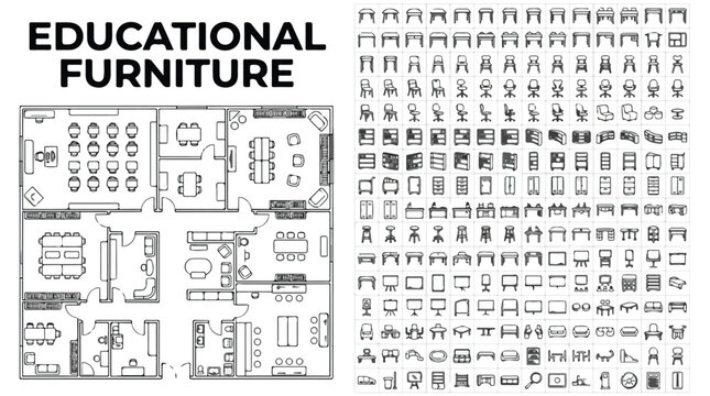 Educational furniture floor plan vector, school classroom layout icons, university interior design elements, architectural top view symbols