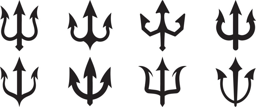 Black trident icon set, Trishul, pitchfork, Hindu religious symbol, ceremonial weapon icons, mythology emblem, spiritual design elements, and professional vector collection.